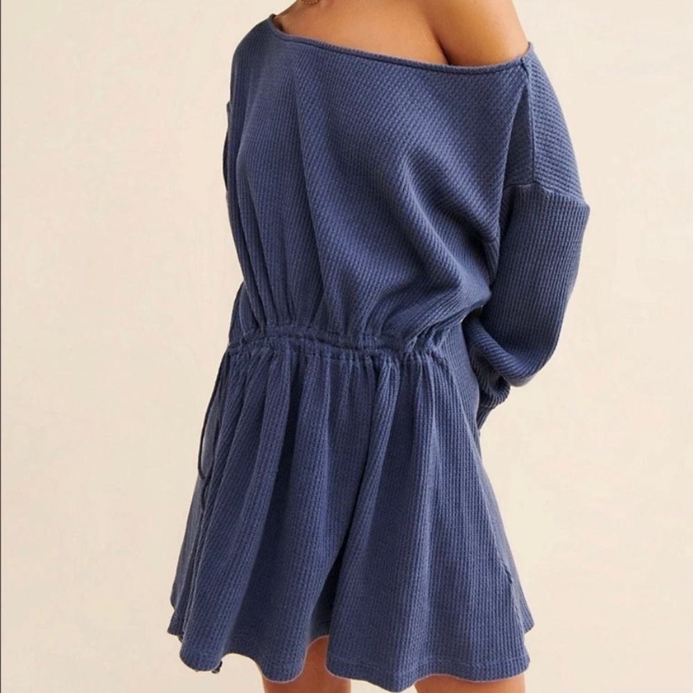 Free People Josie Thermal Long Sleeve Asymmetric Cinched Dress In Blue Size XS